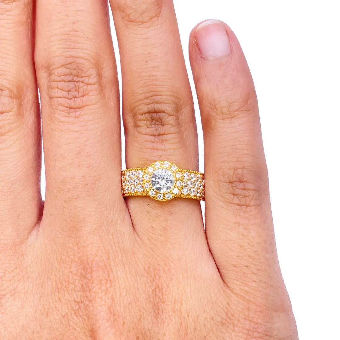 22ct Gold Halo Ring Cubic Zirconia Three Row Pave Set Ring 8.5mm Width  Diamond Bracelets