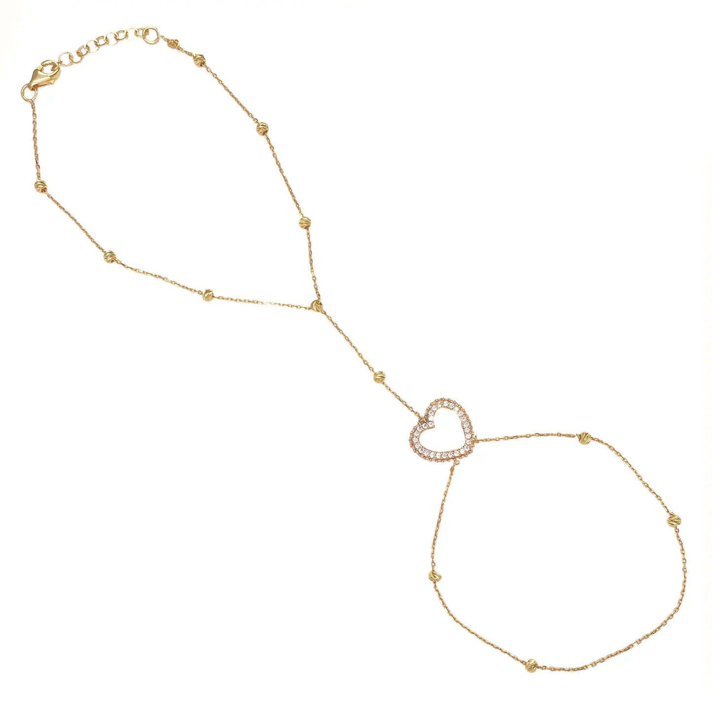 22ct Gold Hand Chain Diamond Cut Beaded Cubic Zirconia Heart Hand Harness Bracelet 