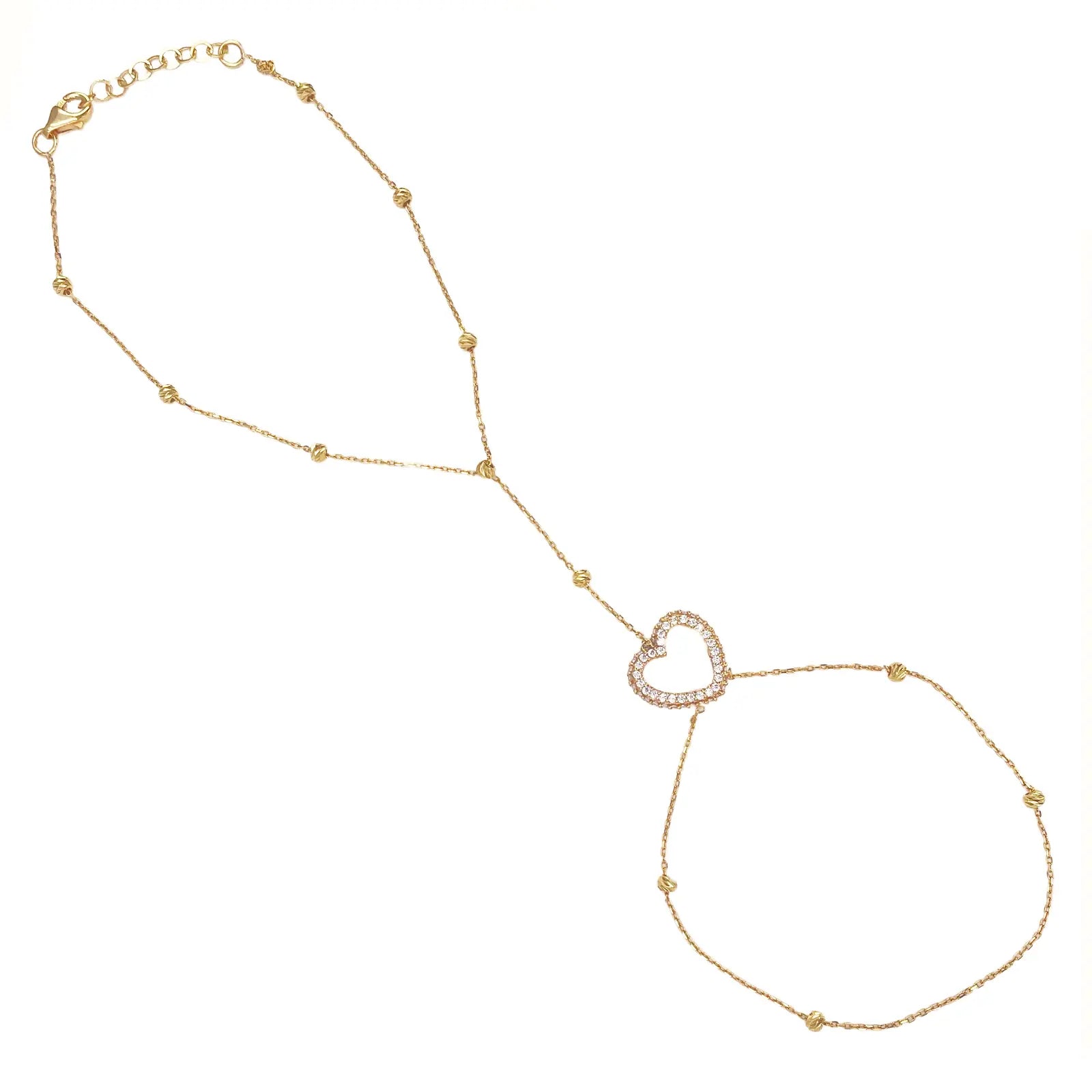 22ct Gold Hand Chain Diamond Cut Beaded Cubic Zirconia Heart Hand Harness Bracelet 