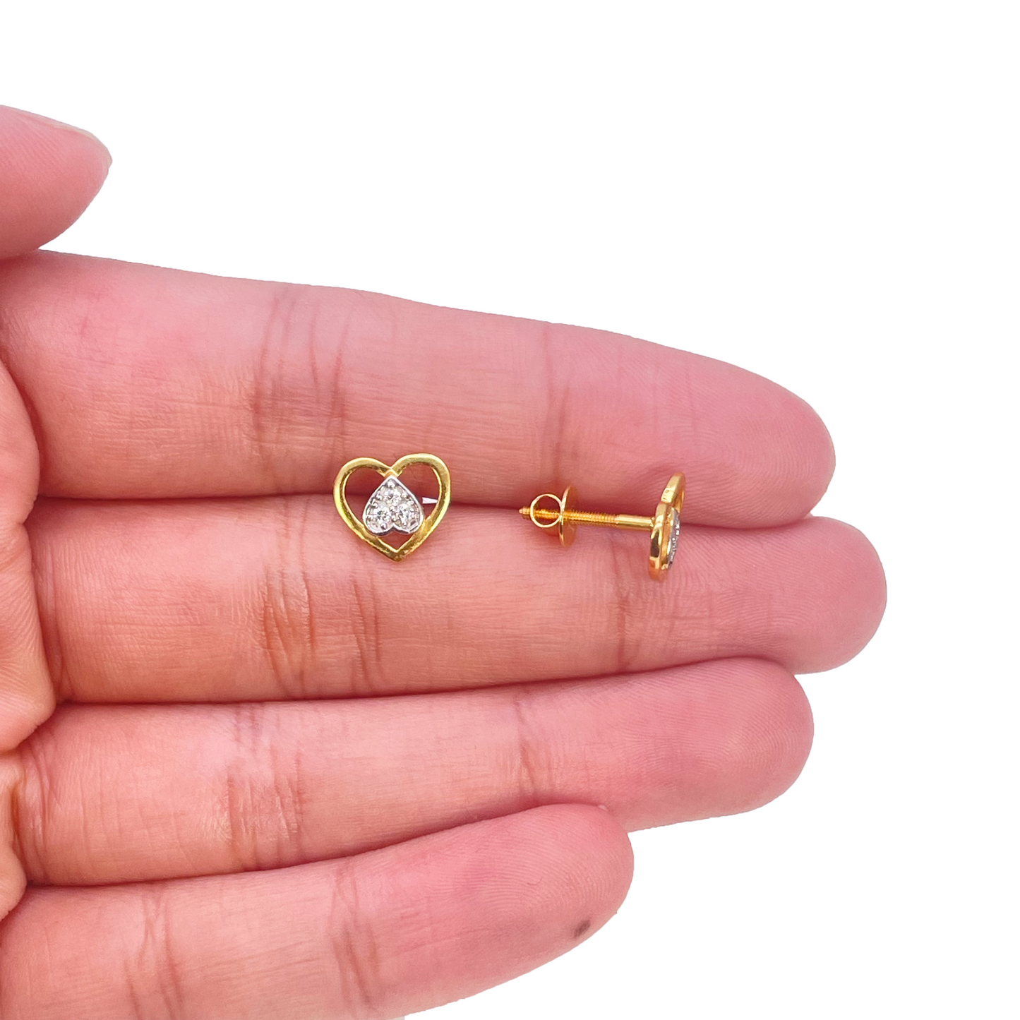 22ct Gold Heart Cubic Zirconia Stud Earrings High Polished - 9x8mm 