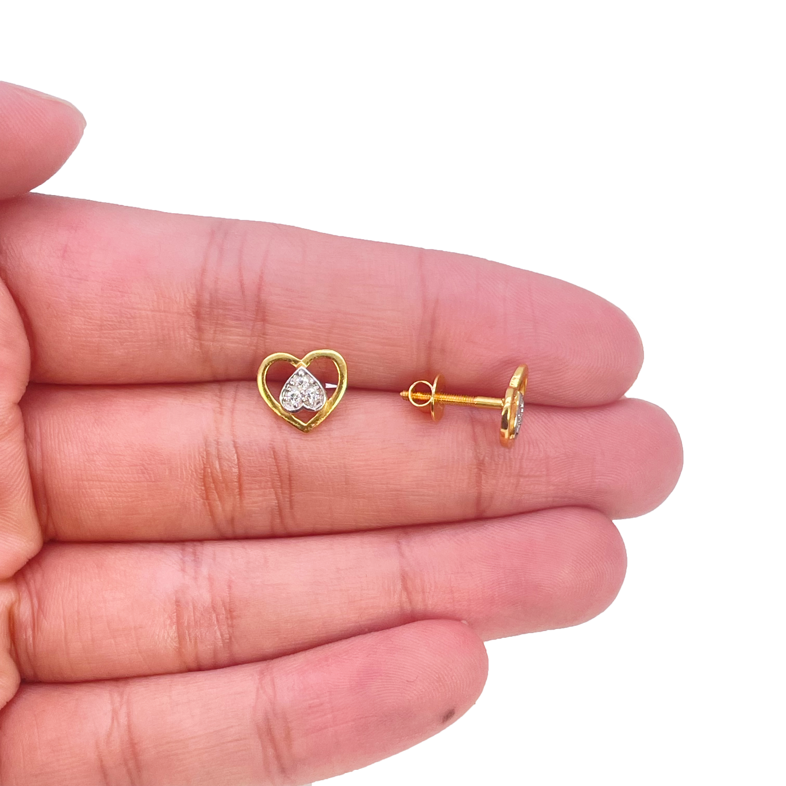 22ct Gold Heart Cubic Zirconia Stud Earrings High Polished - 9x8mm 