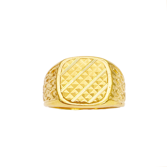 22ct Gold Mens Signet High Polished & Matt Diamond Cut Textured Ring 