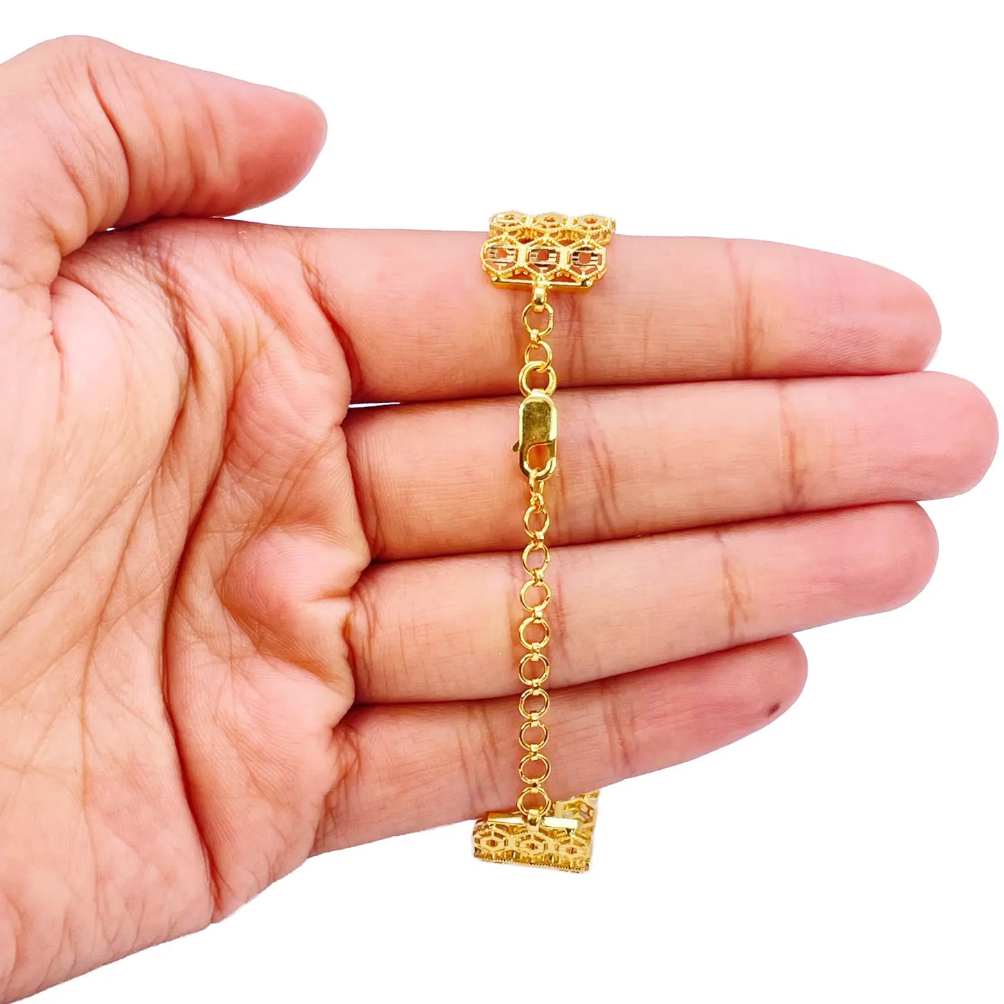 22ct Gold Milgrain Bracelet Three Row Diamond Cut Hexagon 7.5 Inch 13mm Width 