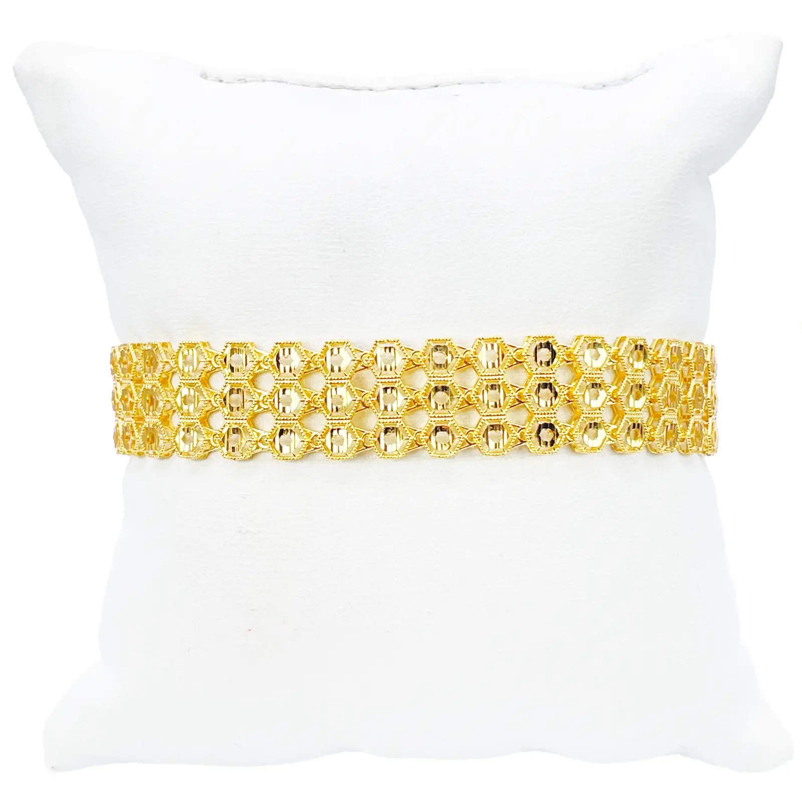 22ct Gold Milgrain Bracelet Three Row Diamond Cut Hexagon 7.5 Inch 13mm Width 