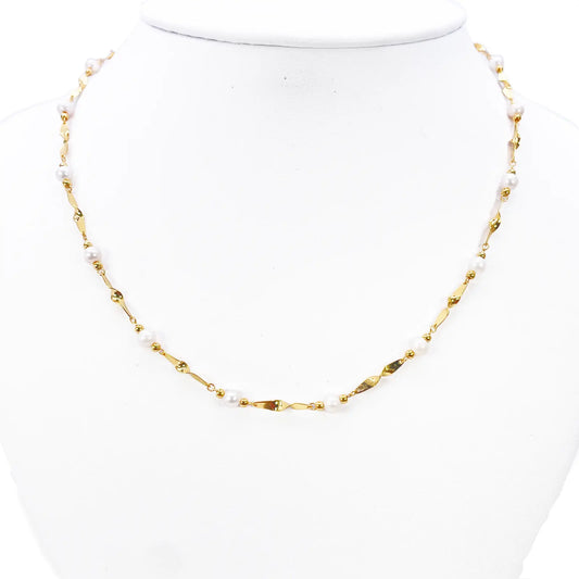 22ct Gold Pearl Necklace High Polished Twisted Link Freshwater Pearl Chain 16 inches 