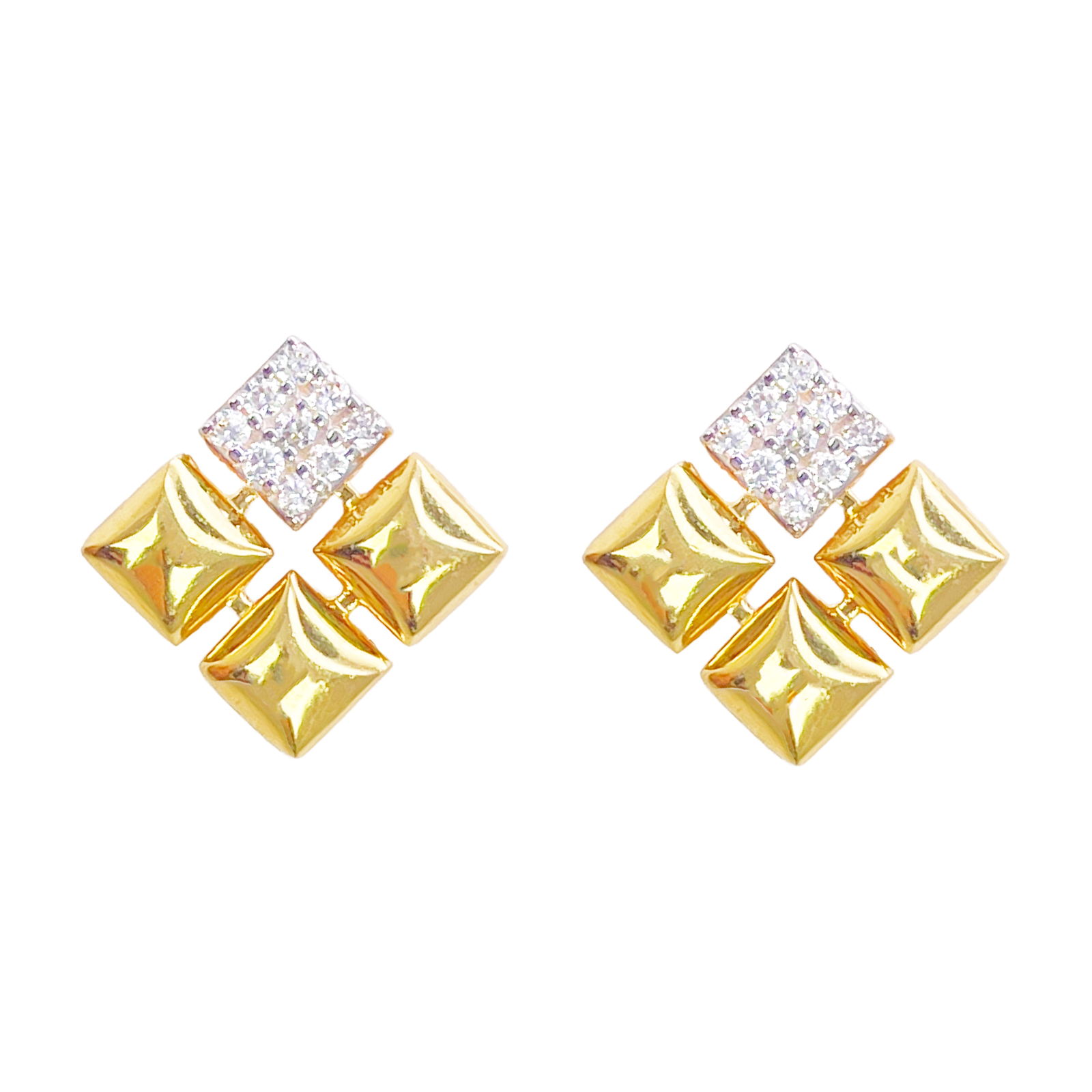 22ct Gold Pyramid Cubic Zirconia Stud Earrings Elegant Geometric Design High Polished 11x11mm 