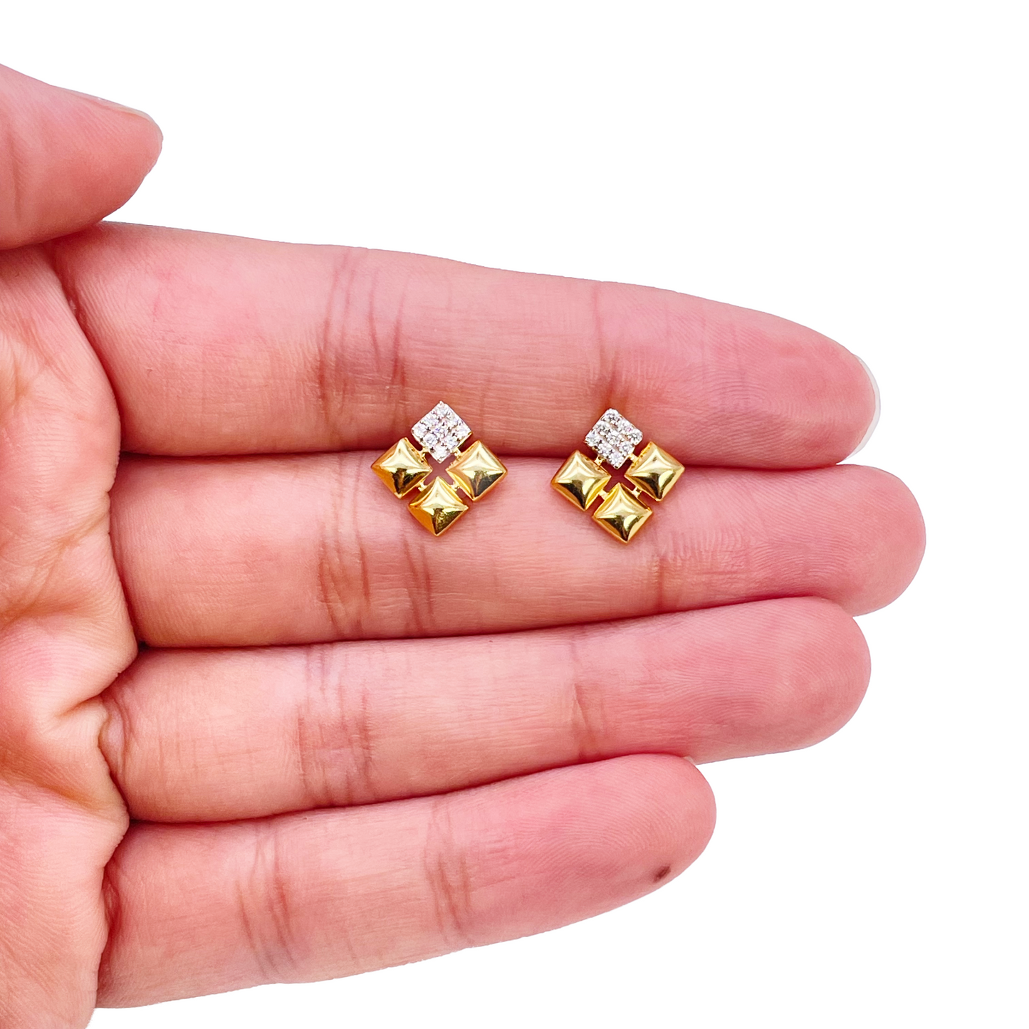 22ct Gold Pyramid Cubic Zirconia Stud Earrings Elegant Geometric Design High Polished 11x11mm 