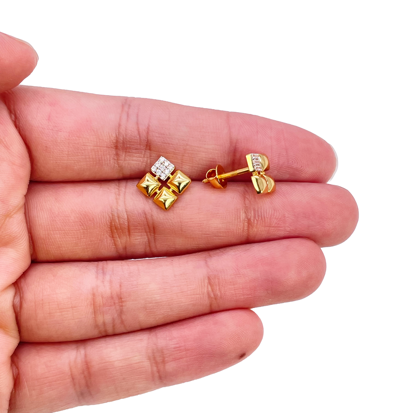 22ct Gold Pyramid Cubic Zirconia Stud Earrings Elegant Geometric Design High Polished 11x11mm 