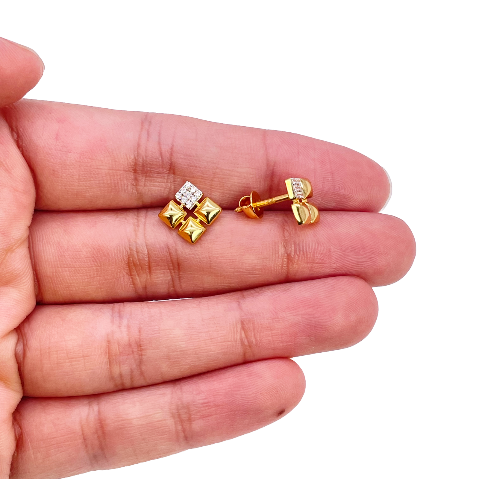 22ct Gold Pyramid Cubic Zirconia Stud Earrings Elegant Geometric Design High Polished 11x11mm 