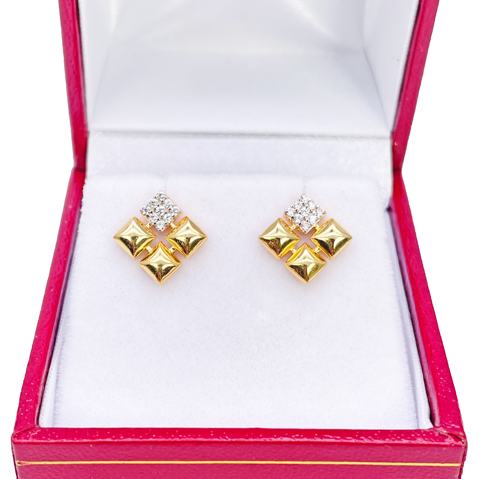 22ct Gold Pyramid Cubic Zirconia Stud Earrings Elegant Geometric Design High Polished 11x11mm 