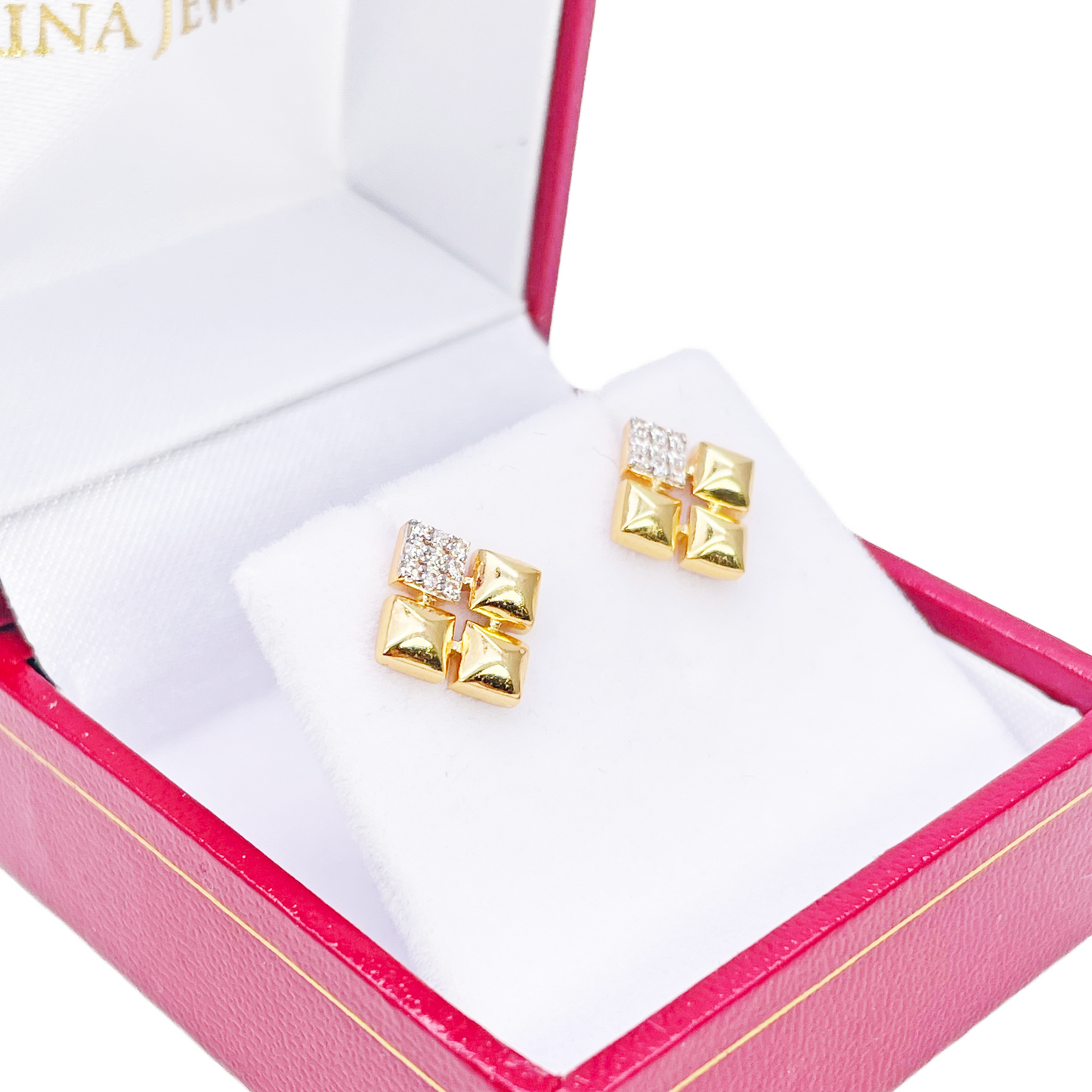 22ct Gold Pyramid Cubic Zirconia Stud Earrings Elegant Geometric Design High Polished 11x11mm 