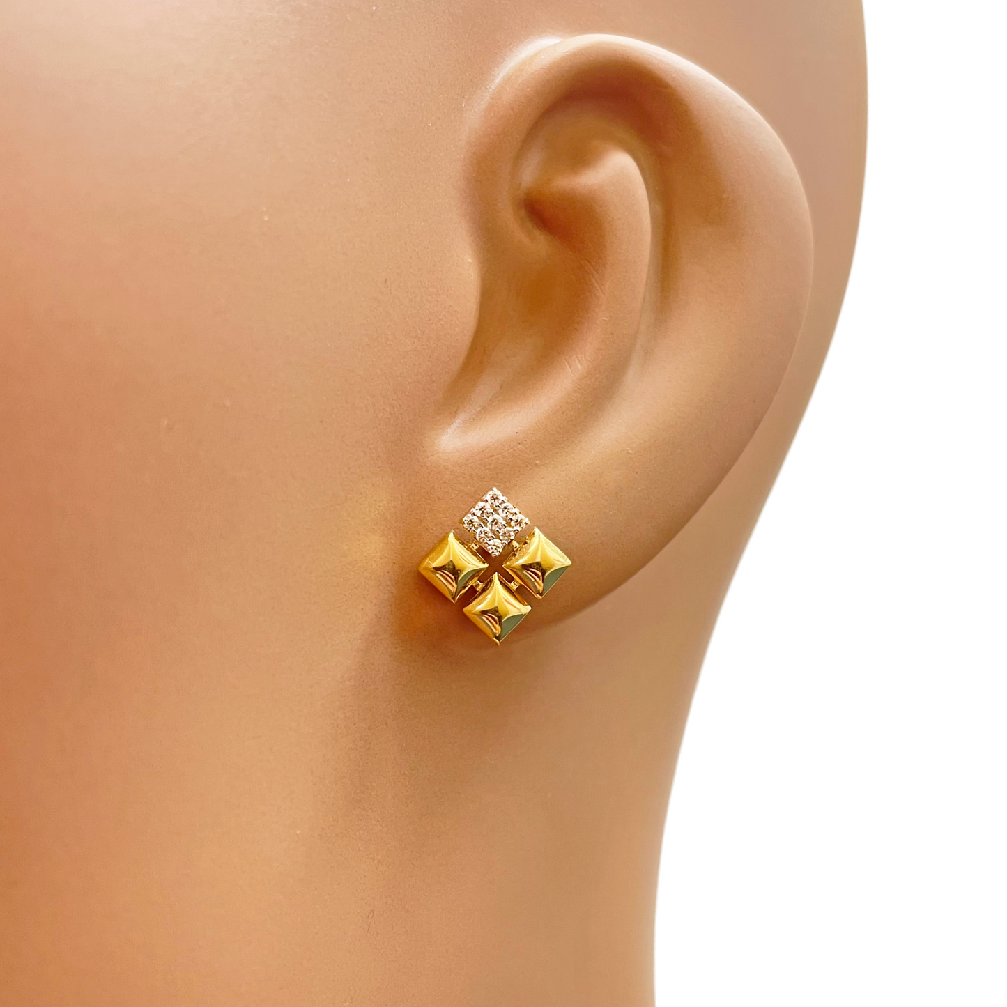 22ct Gold Pyramid Cubic Zirconia Stud Earrings Elegant Geometric Design High Polished 11x11mm 