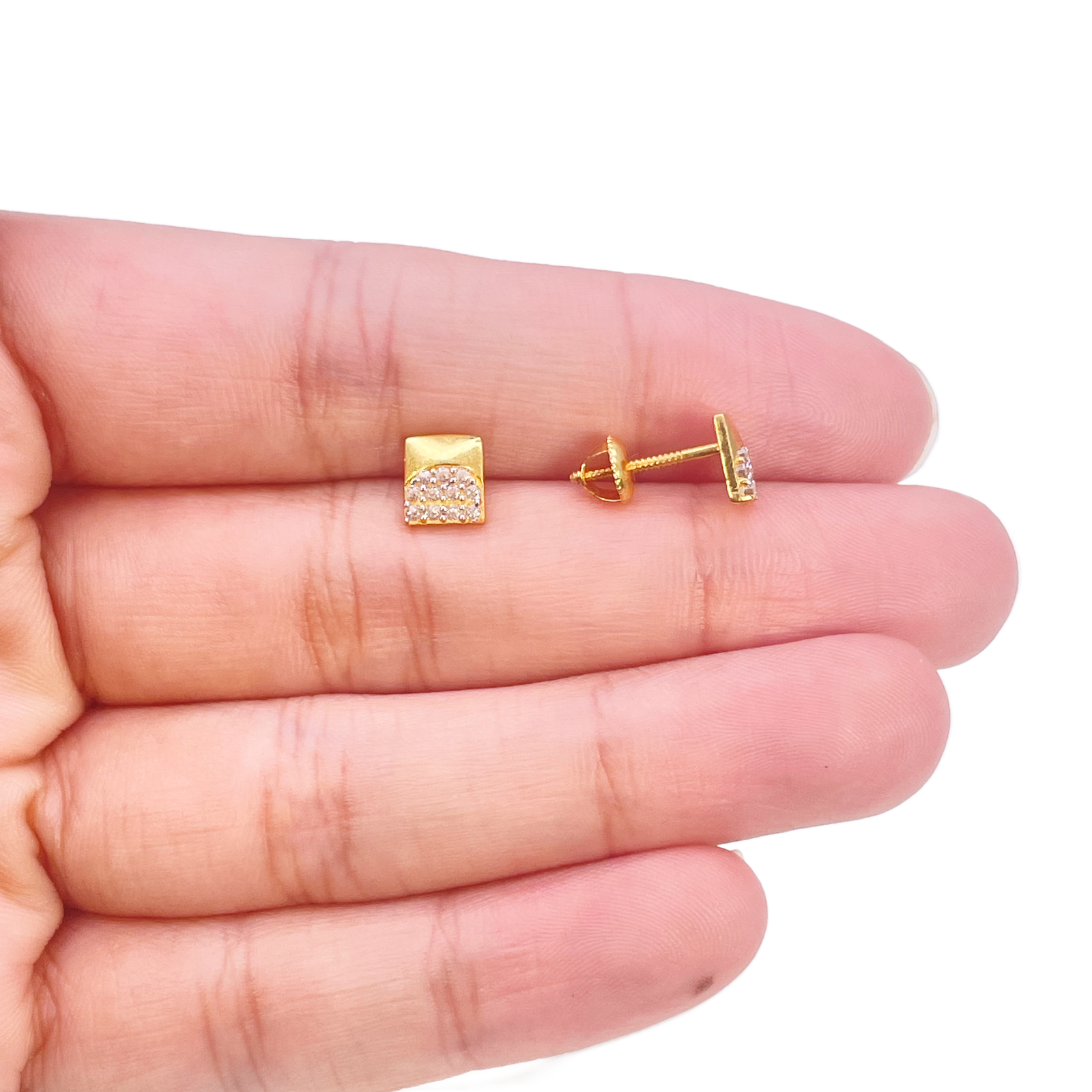 22ct Gold Square Cubic Zirconia Stud High Polished Earrings Sparkle Design 5.5mm 