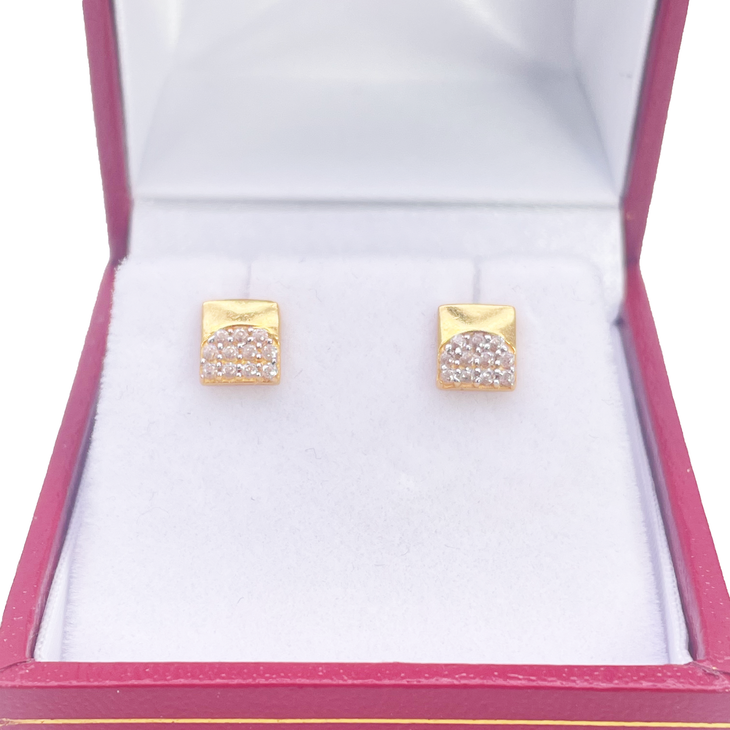 22ct Gold Square Cubic Zirconia Stud High Polished Earrings Sparkle Design 5.5mm 