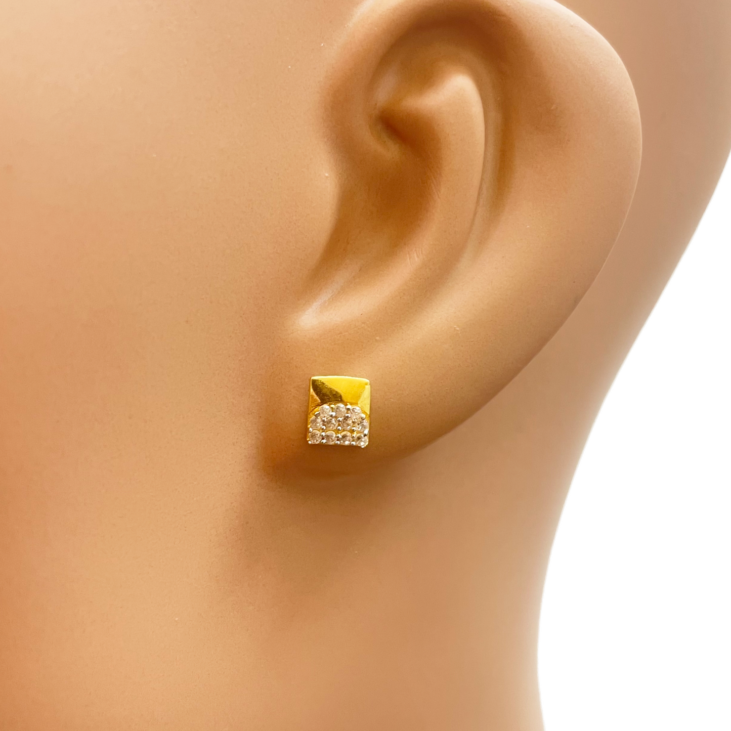 22ct Gold Square Cubic Zirconia Stud High Polished Earrings Sparkle Design 5.5mm 