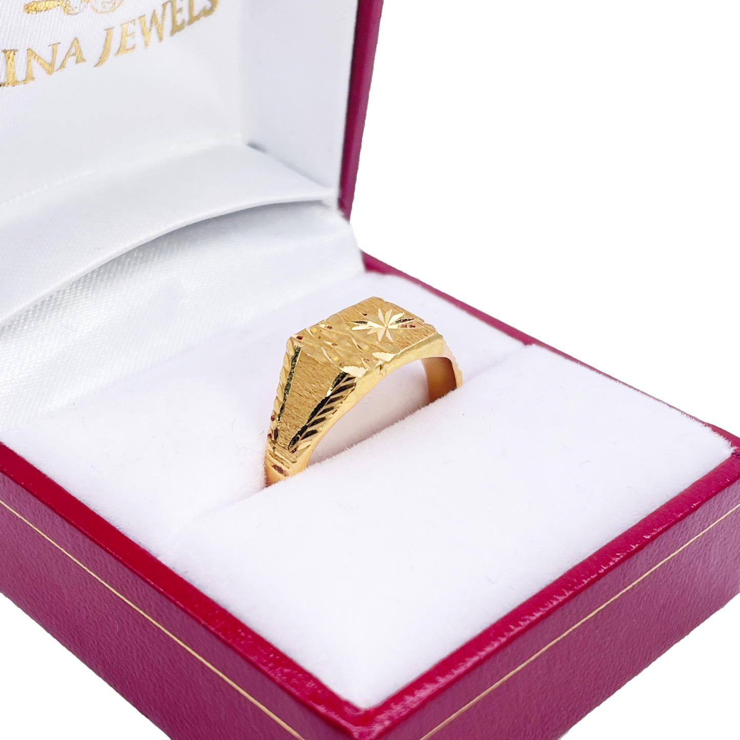 22ct Gold Square Signet Textured & High Polished Diamond Cut Ring 8.4mm Width 