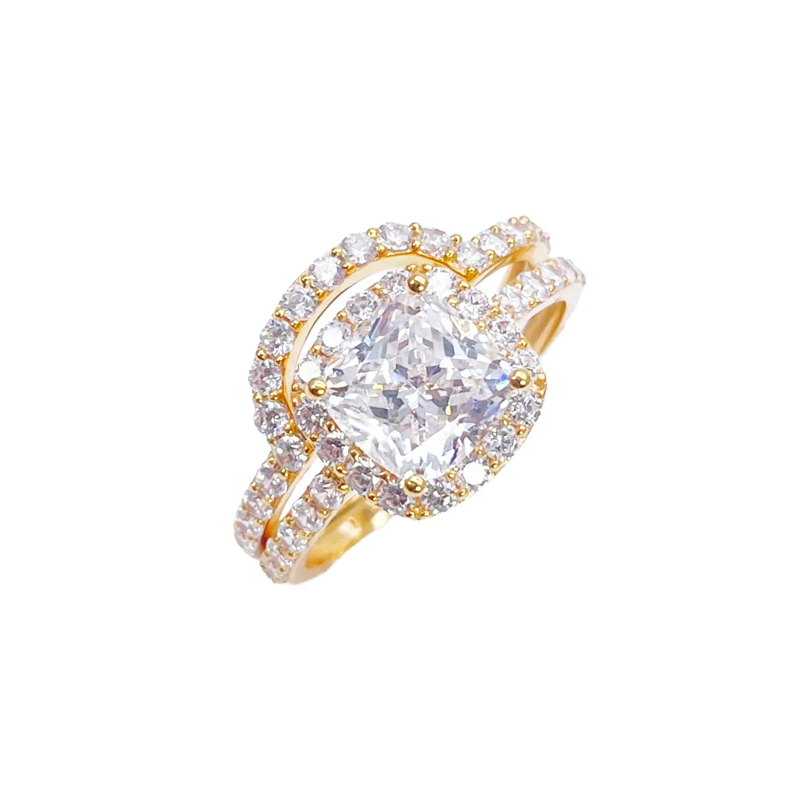 22ct Yellow Gold 4-Claw Cubic Zirconia Cushion Half Eternity Engagement Ring & Matching Band 