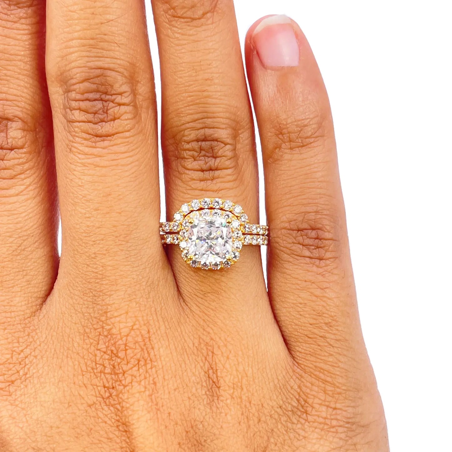 22ct Yellow Gold 4-Claw Cubic Zirconia Cushion Half Eternity Engagement Ring & Matching Band 