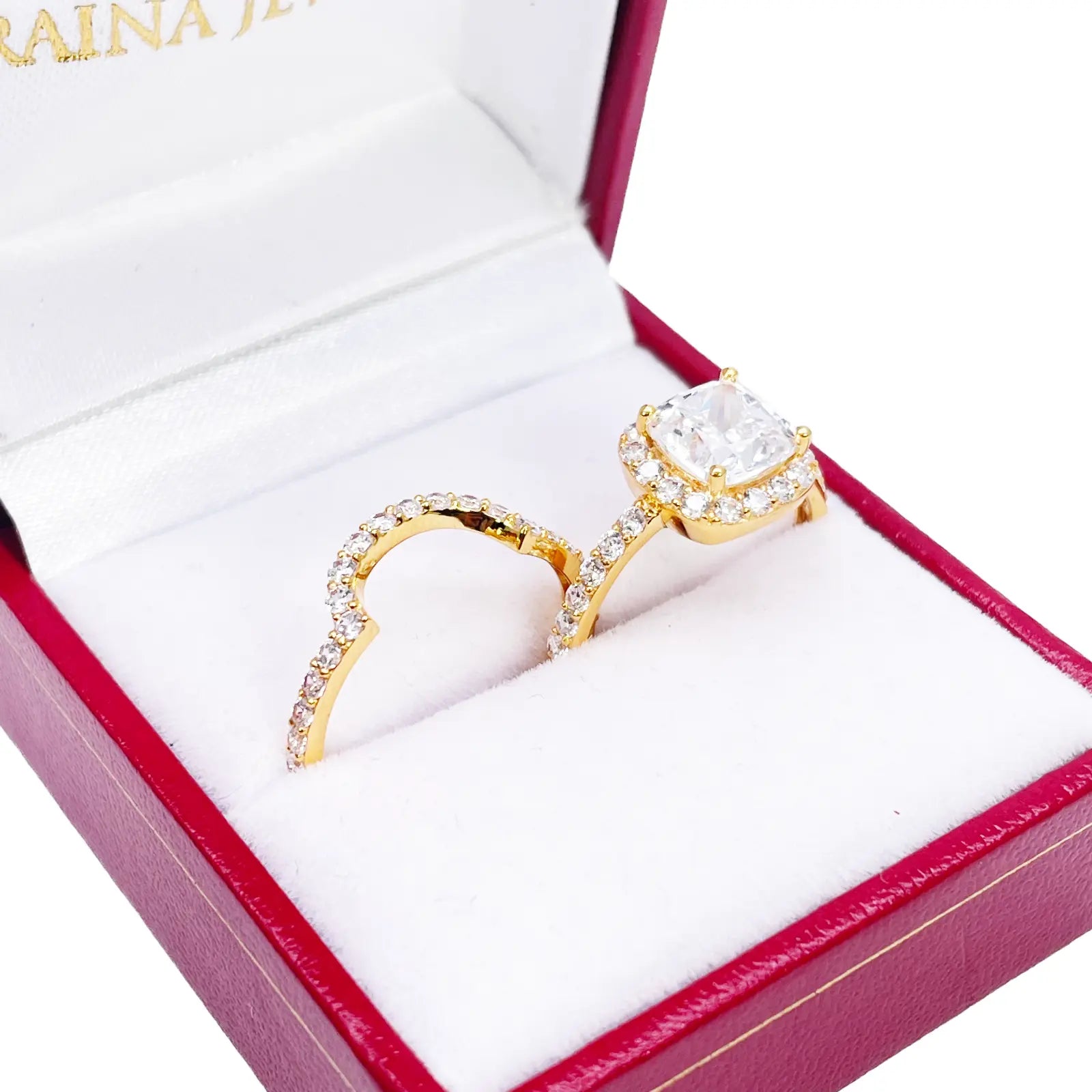 22ct Yellow Gold 4-Claw Cubic Zirconia Cushion Half Eternity Engagement Ring & Matching Band 
