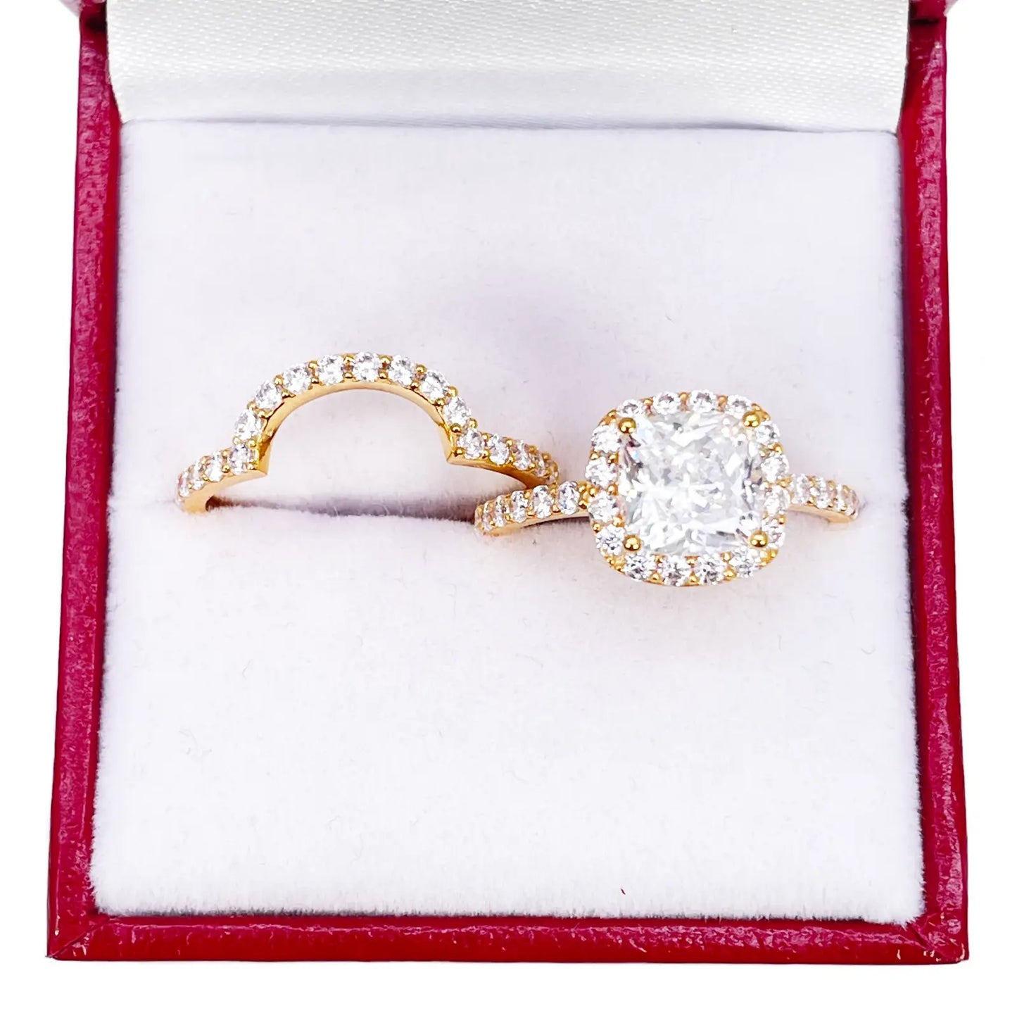 22ct Yellow Gold 4-Claw Cubic Zirconia Cushion Half Eternity Engagement Ring & Matching Band 