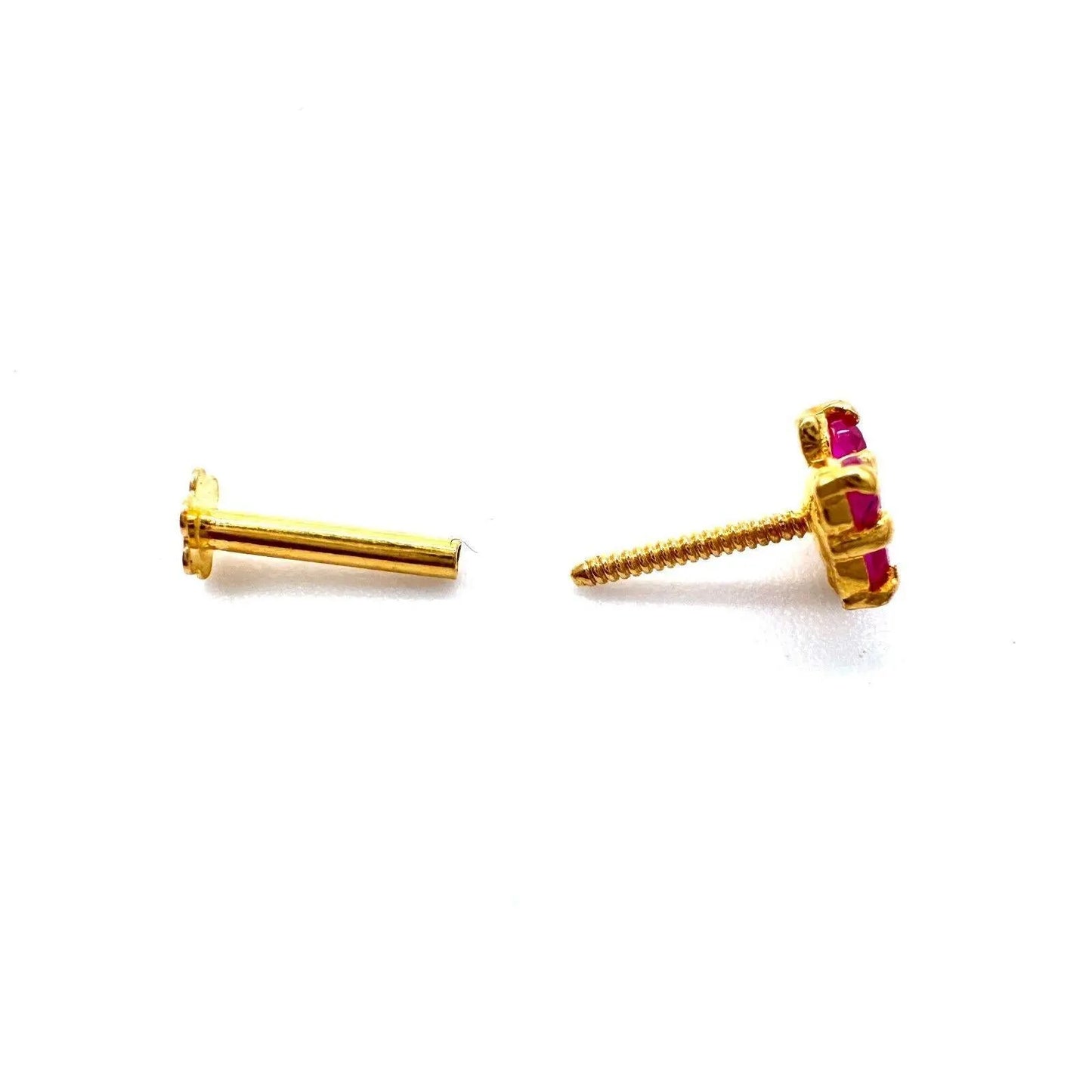 22ct Yellow Gold 4 Stone Ruby Square Nose Pin Stud 
