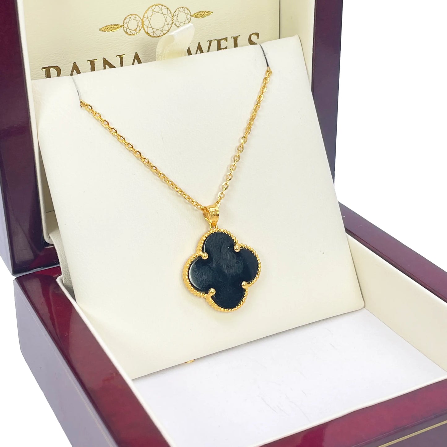 22ct Yellow Gold Black Onyx Or Mother Of Pearl Clover Pendant & Chain Necklace 18''inches 