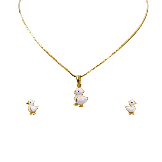 22ct Yellow Gold Children Duck Pendant, Necklace and Earrings Set 13 inches 