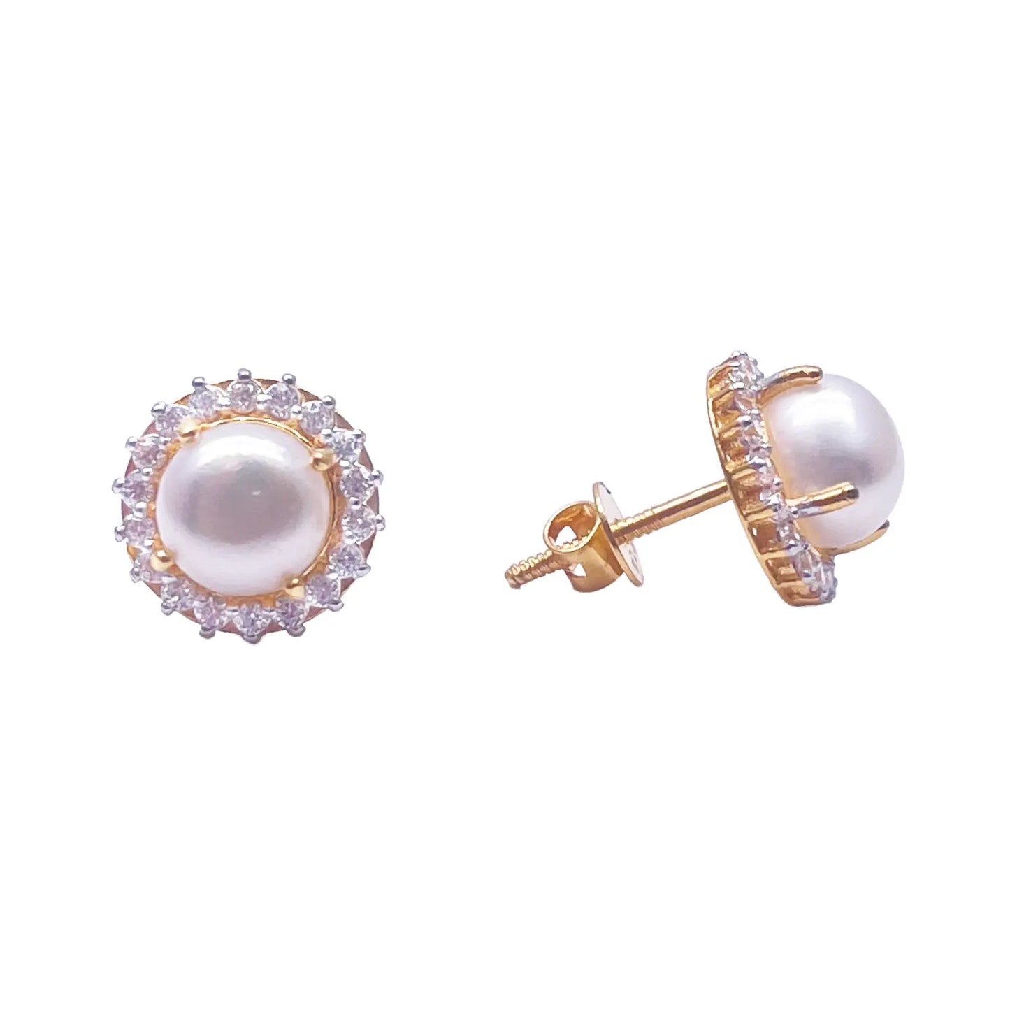 22ct Yellow Gold Claw Set Freshwater Pearl & Cubic Zirconia Pair Stud Earrings 