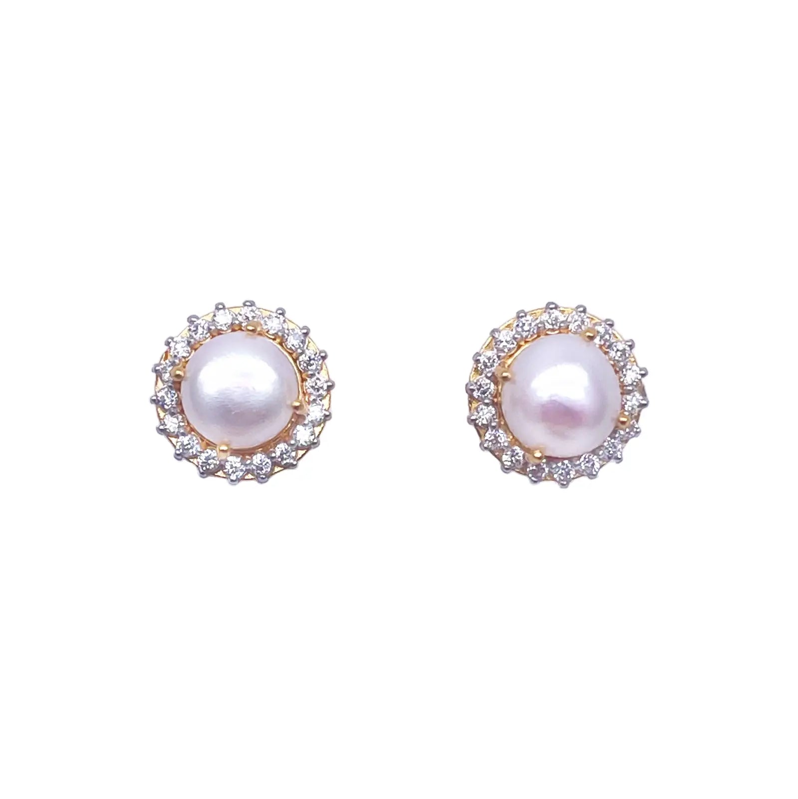 22ct Yellow Gold Claw Set Freshwater Pearl & Cubic Zirconia Pair Stud Earrings 