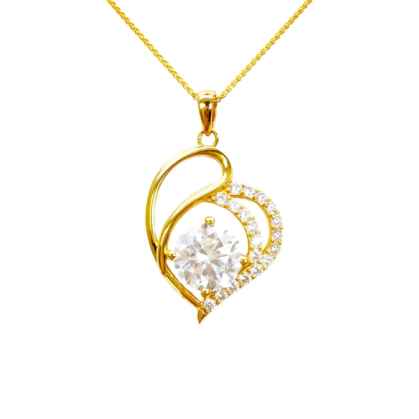 22ct Yellow Gold Cubic Zirconia 4-Claw Prong Pave Heart Pendant & Chain (29x17mm) 