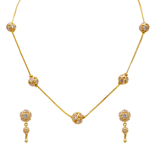 22ct Yellow Gold Cubic Zirconia Five Sparkly Beaded Necklace and Matching Beaded Drop Earrings 