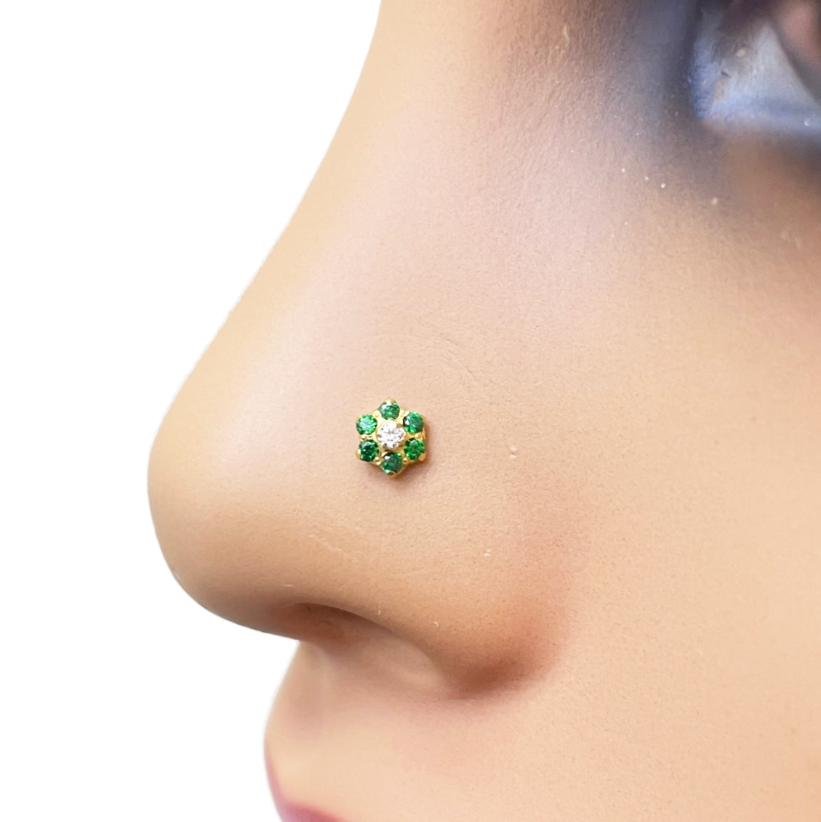 22ct Yellow Gold Cubic Zirconia Floral Green Stone Nose Pin/Stud 4mm Width 