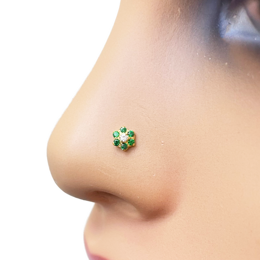 22ct Yellow Gold Cubic Zirconia Floral Green Stone Nose Pin/Stud 4mm Width 