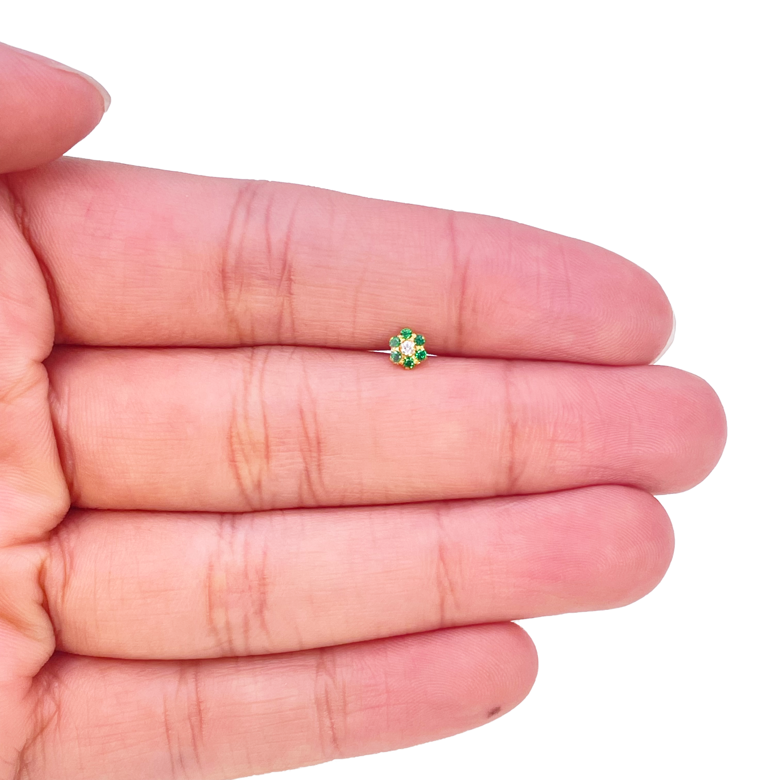 22ct Yellow Gold Cubic Zirconia Floral Green Stone Nose Pin/Stud 4mm Width 