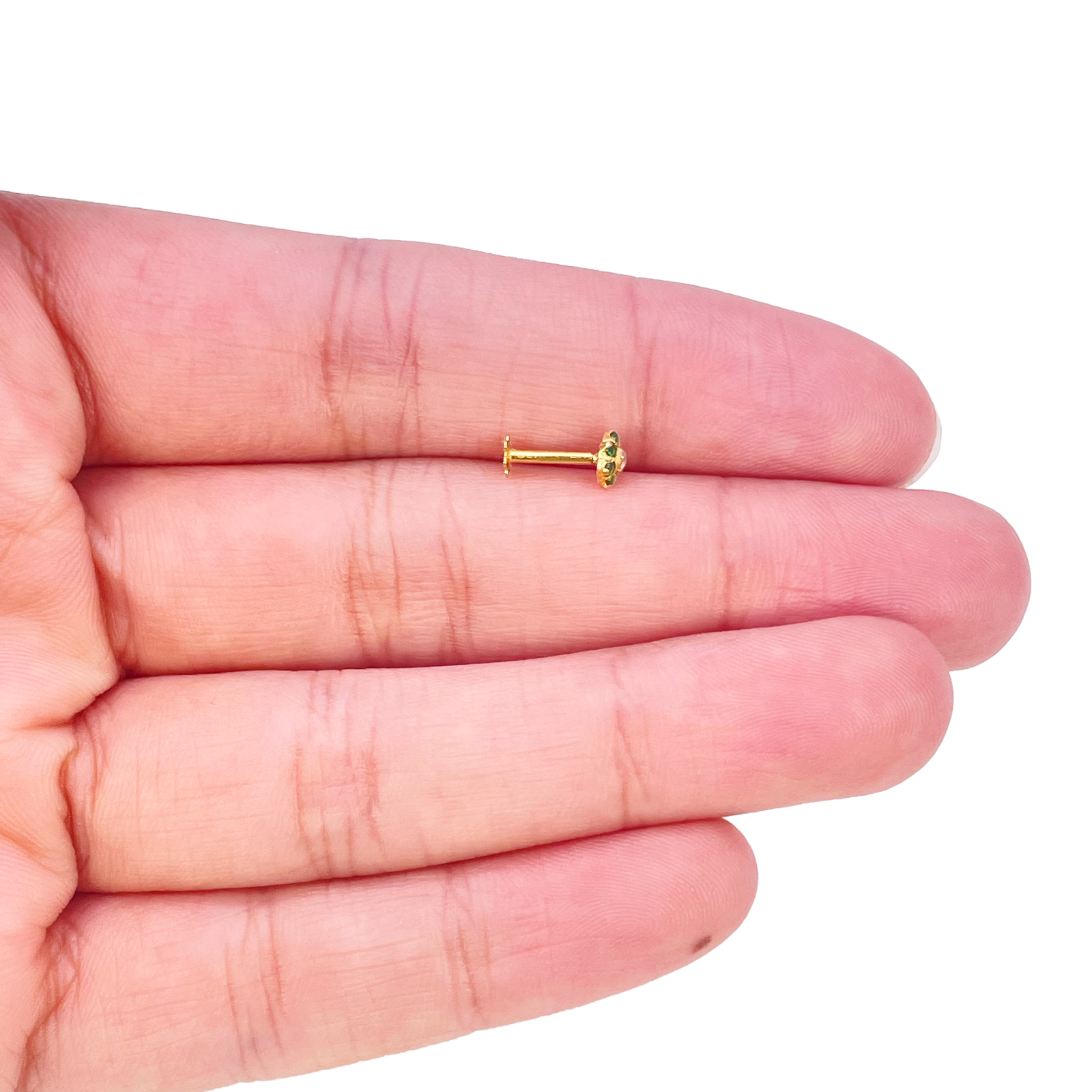 22ct Yellow Gold Cubic Zirconia Floral Green Stone Nose Pin/Stud 4mm Width 