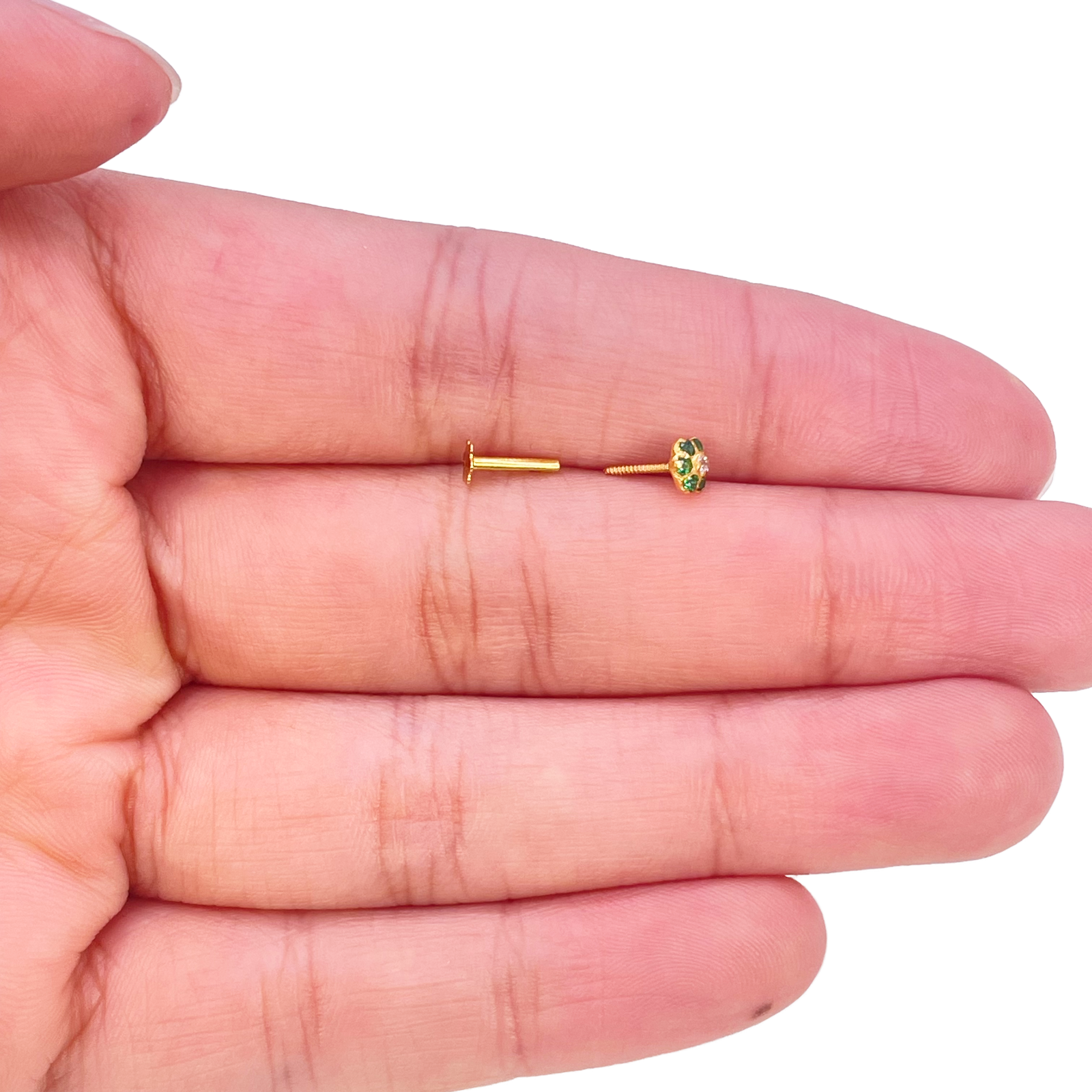 22ct Yellow Gold Cubic Zirconia Floral Green Stone Nose Pin/Stud 4mm Width 