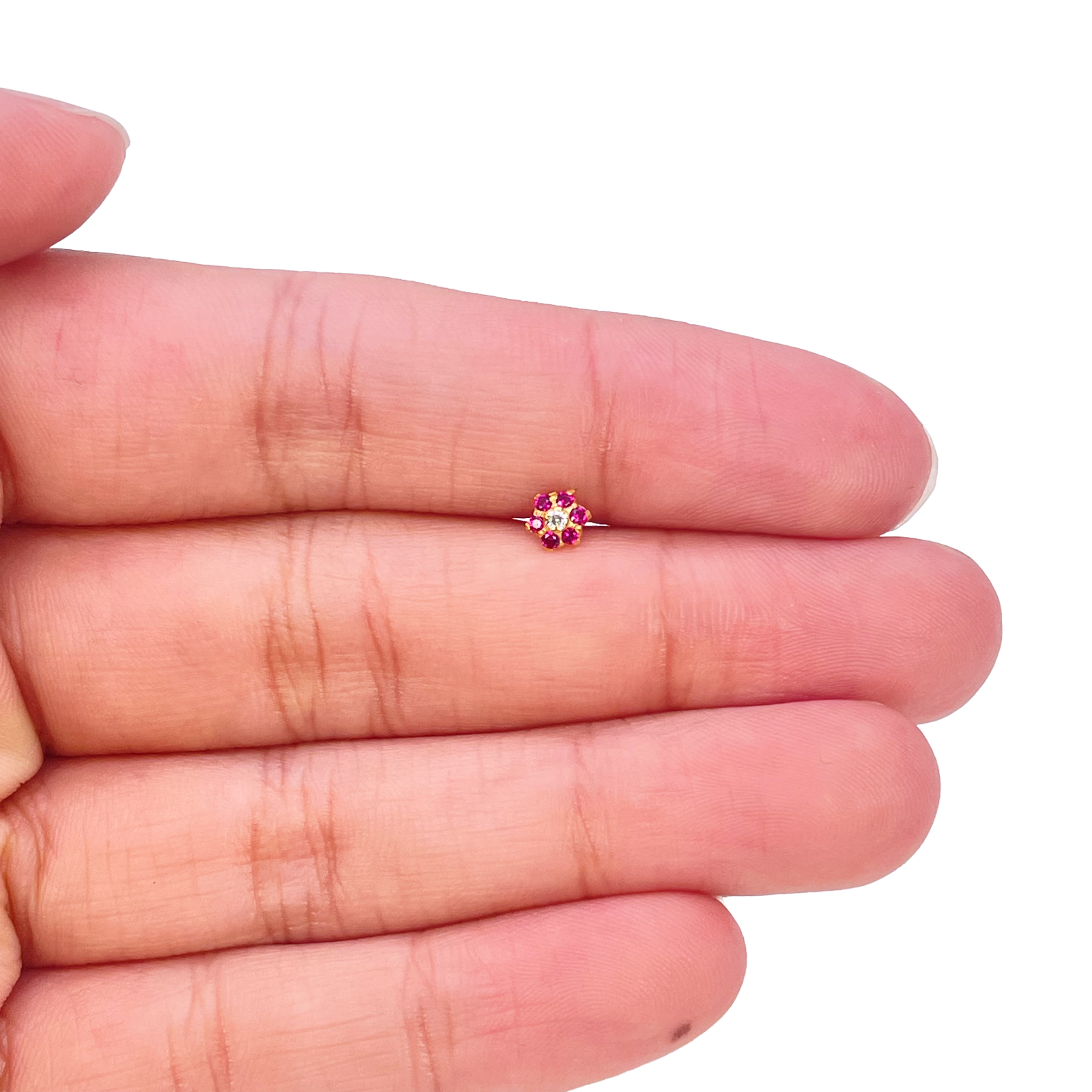 22ct Yellow Gold Cubic Zirconia Floral Red Stone Nose Pin/Stud 4mm Width 