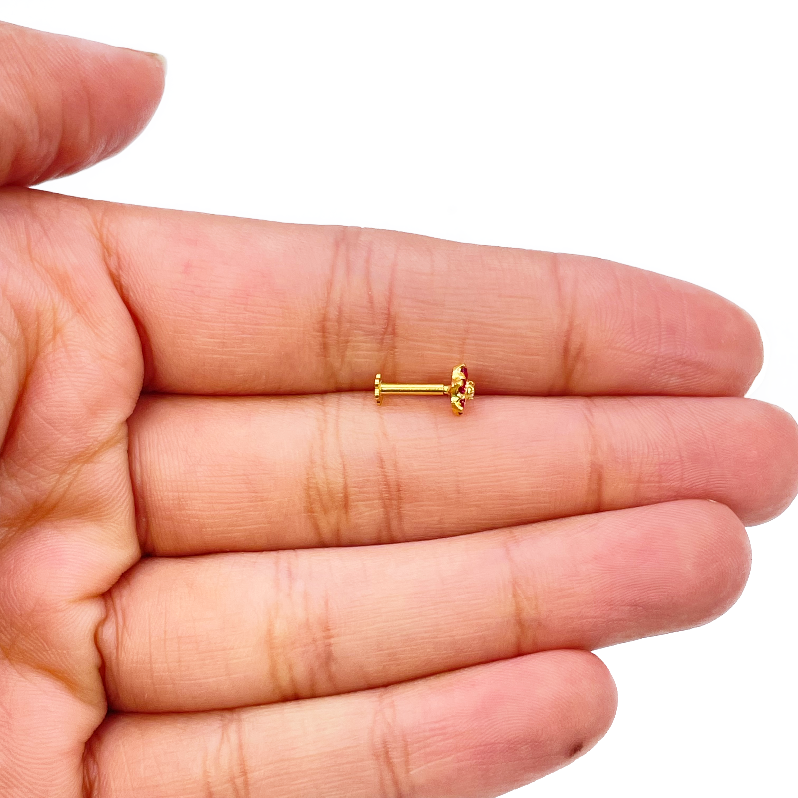 22ct Yellow Gold Cubic Zirconia Floral Red Stone Nose Pin/Stud 4mm Width 