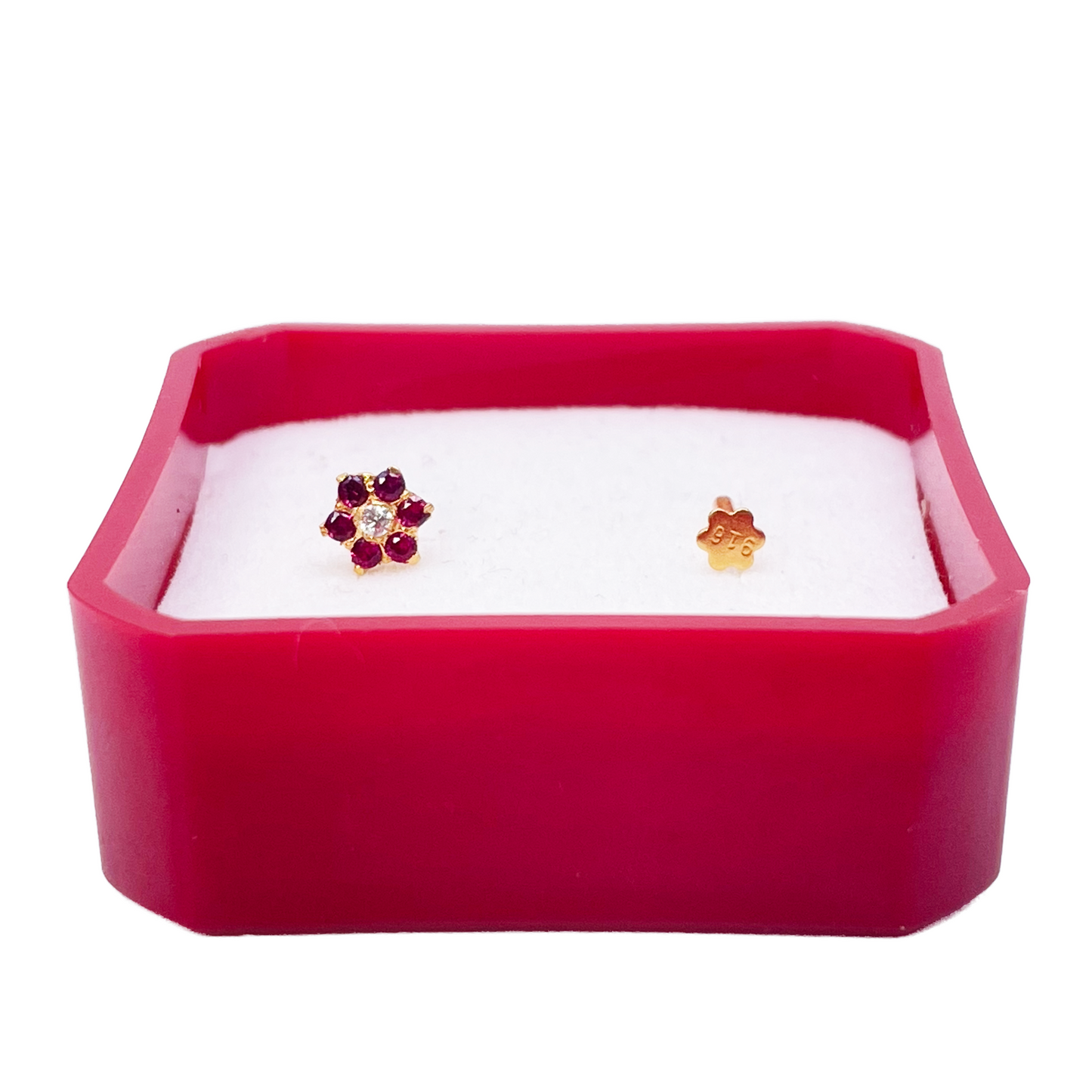 22ct Yellow Gold Cubic Zirconia Floral Red Stone Nose Pin/Stud 4mm Width 