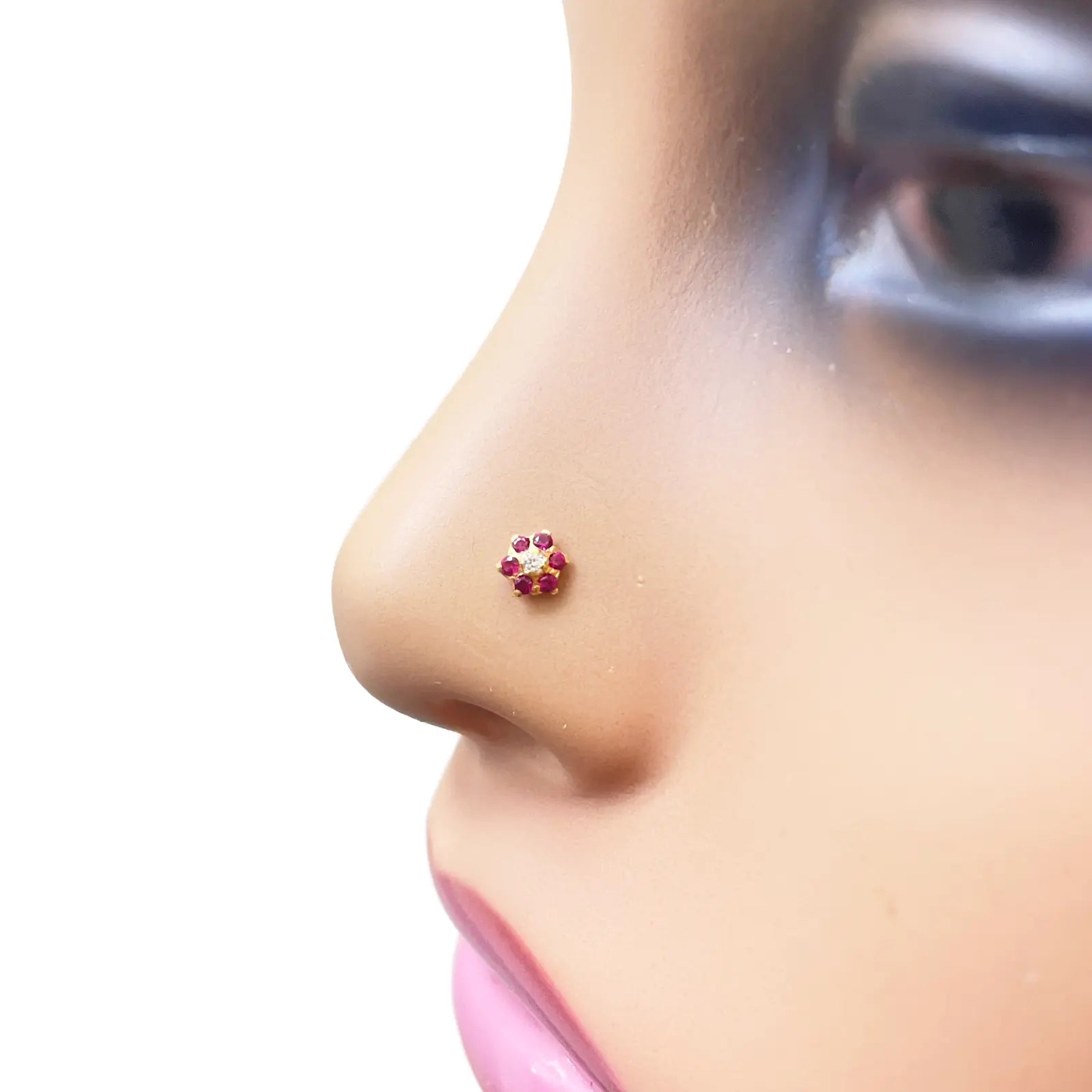 22ct Yellow Gold Cubic Zirconia Floral Red Stone Nose Pin/Stud 4mm Width 