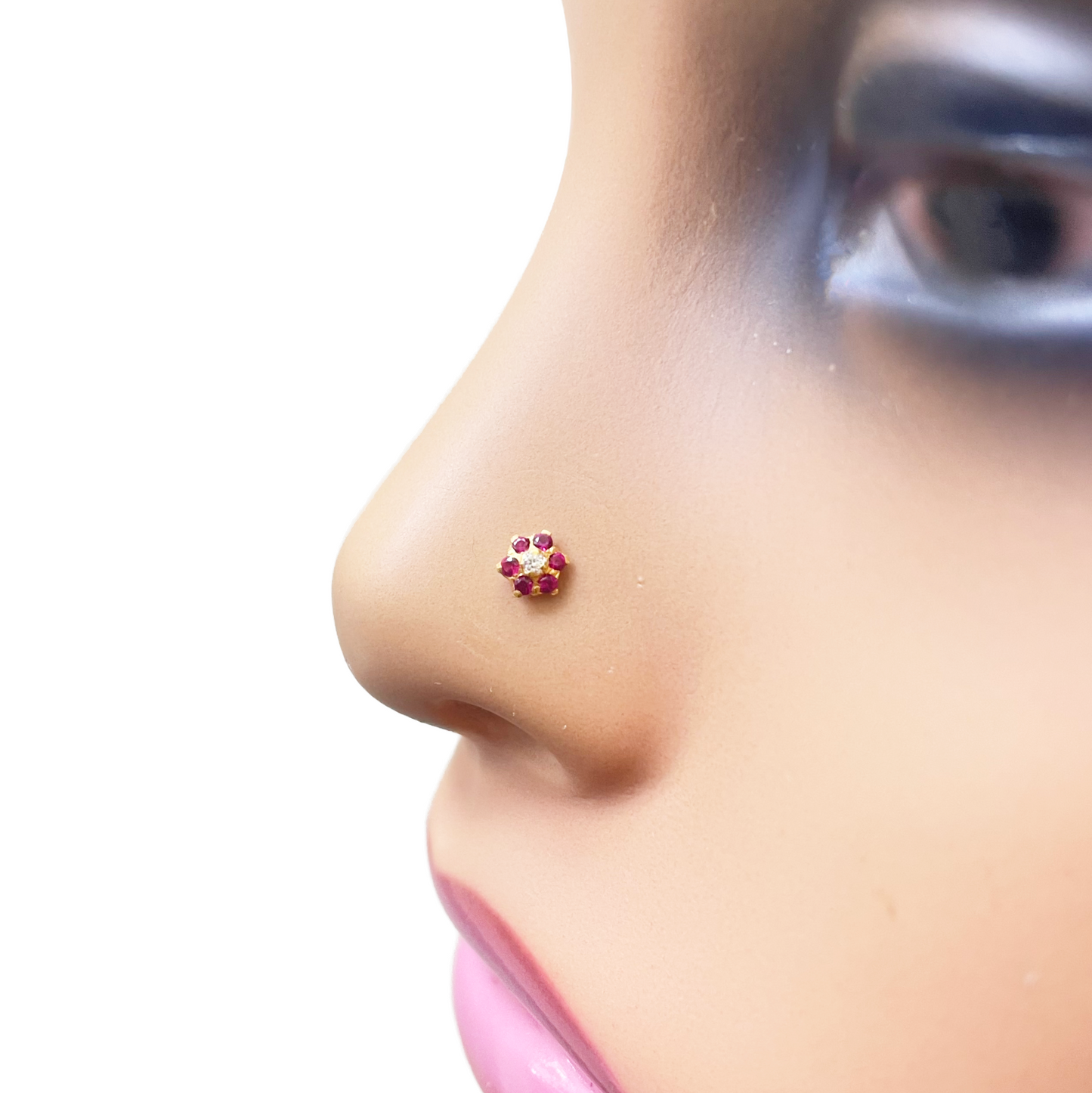 22ct Yellow Gold Cubic Zirconia Floral Red Stone Nose Pin/Stud 4mm Width 