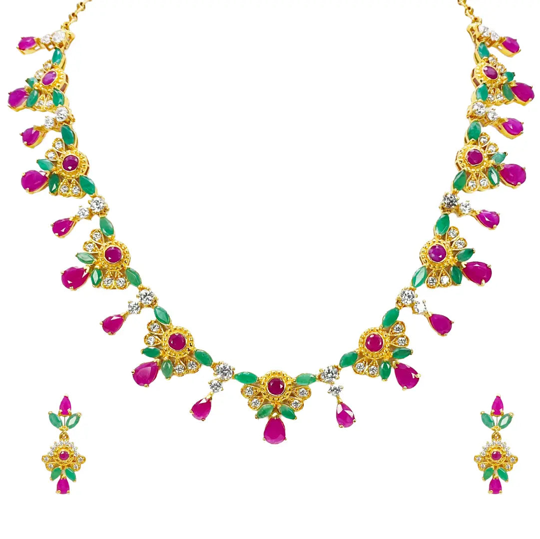 22ct Yellow Gold Cubic Zirconia, Ruby & Emerald 16 inch Necklace & Earrings Set 