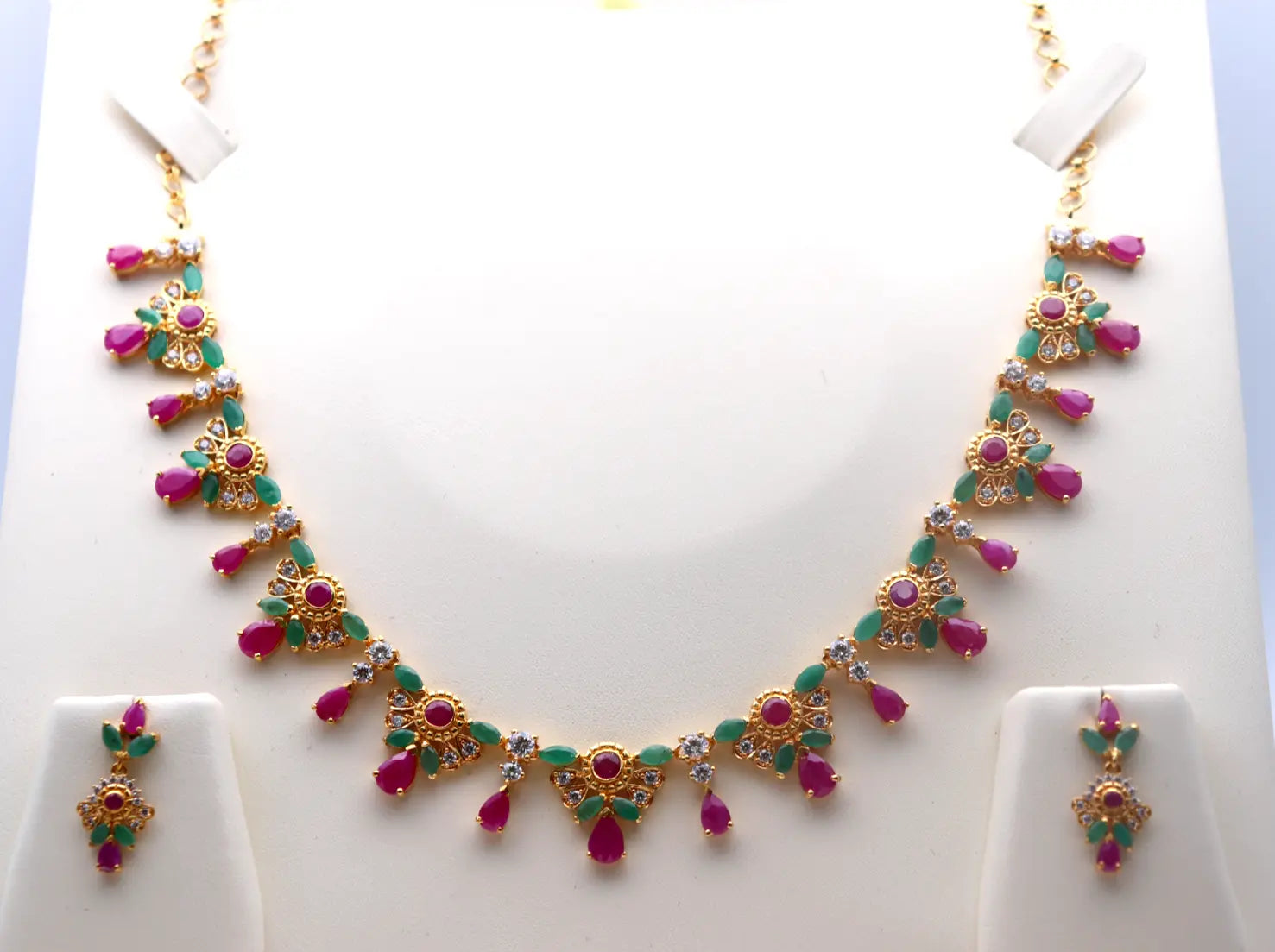 22ct Yellow Gold Cubic Zirconia, Ruby & Emerald 16 inch Necklace & Earrings Set 