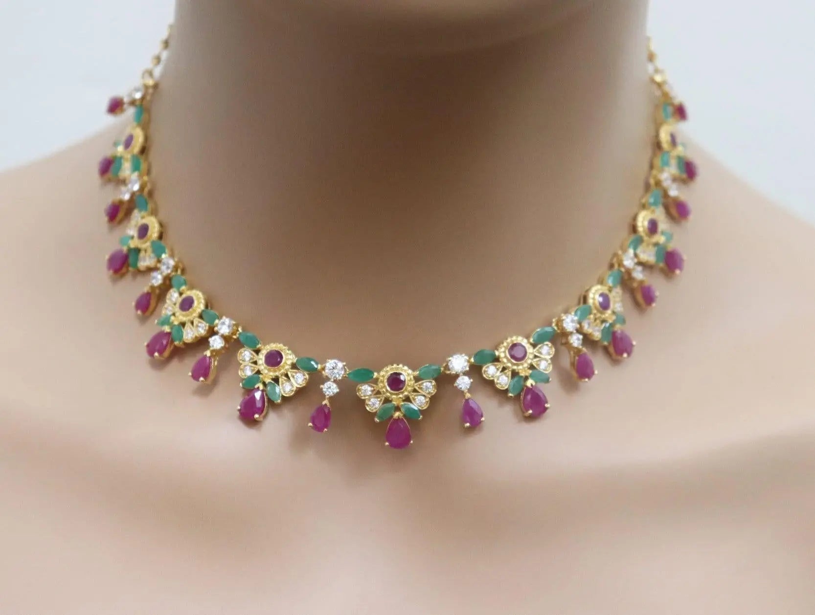 22ct Yellow Gold Cubic Zirconia, Ruby & Emerald 16 inch Necklace & Earrings Set 