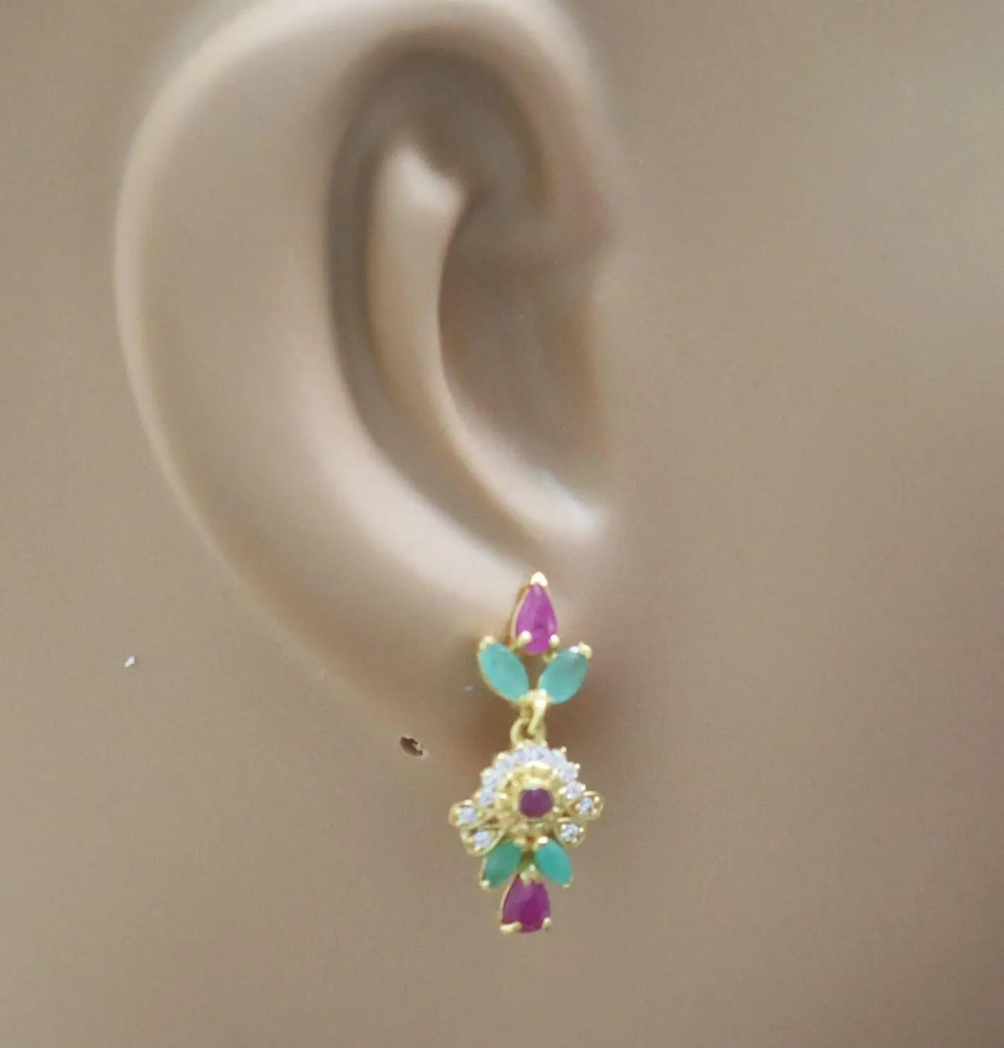 22ct Yellow Gold Cubic Zirconia, Ruby & Emerald 16 inch Necklace & Earrings Set 