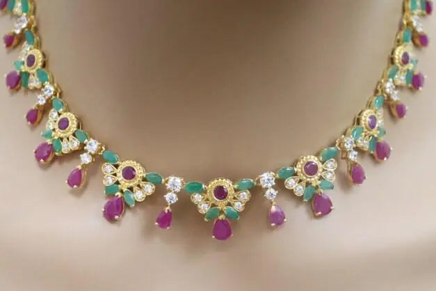 22ct Yellow Gold Cubic Zirconia, Ruby & Emerald 16 inch Necklace & Earrings Set 