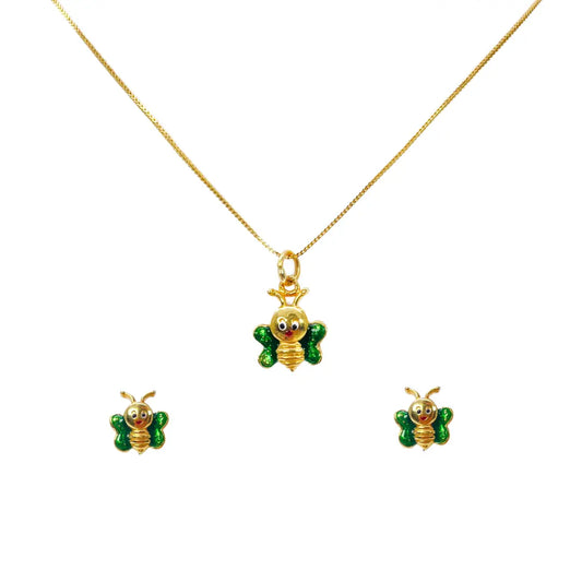 22ct Yellow Gold Cute Children's Butterfly Pendant, Necklace and Earrings Set 16 inches 