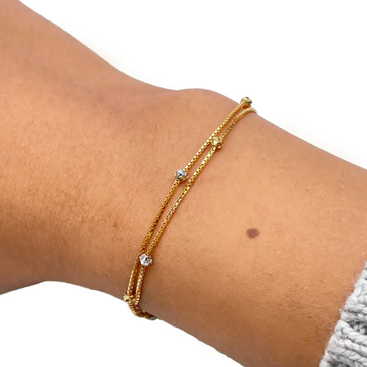 22ct Yellow Gold Double Layered Chain With Two-Tone Diamond Cut Beads Bracelet 