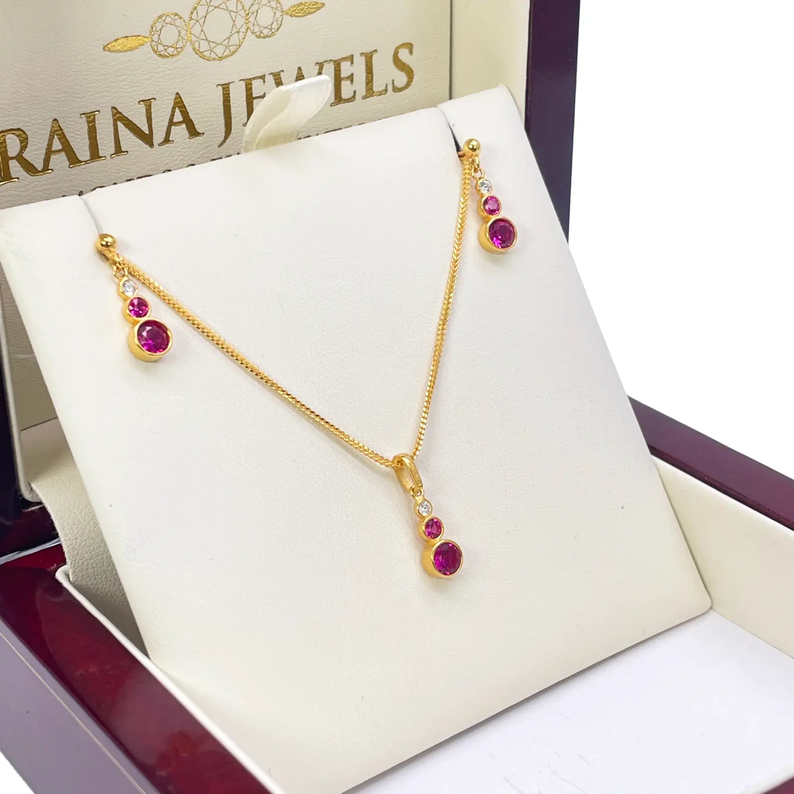 22ct Yellow Gold Drop Red Bubble Pendant & Chain With Matching Drop Earrings 