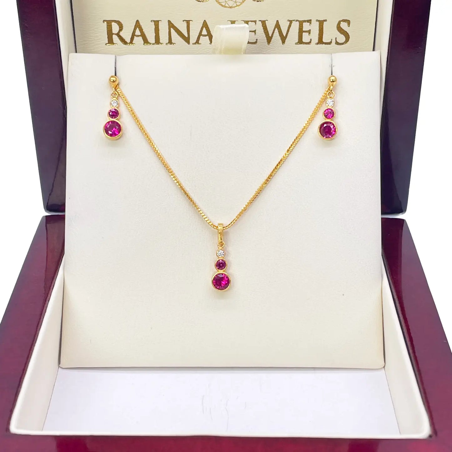 22ct Yellow Gold Drop Red Bubble Pendant & Chain With Matching Drop Earrings 